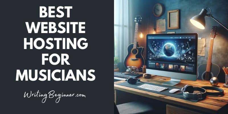 Desktop computer surrounded by musical instruments - Best website hosting for musicians
