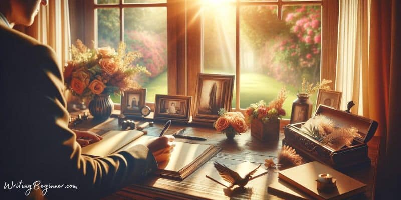 A person writing an obituary at a wooden desk with flowers and photos. Sunlight streams in through a window, overlooking a vibrant garden. -- How to write an obituary