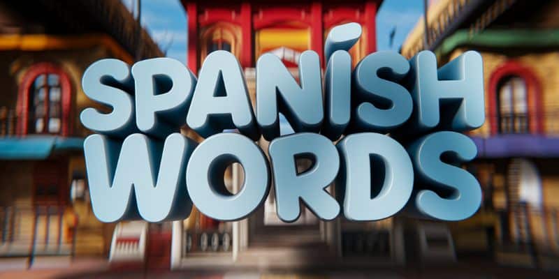 The Phrase SPANISH WORDS with a Spanish town background blurred out