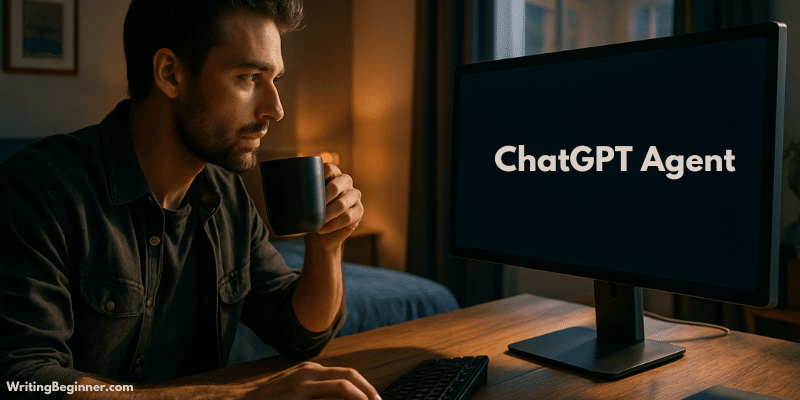 Man drinking coffee at a computer - ChatGPT Agent